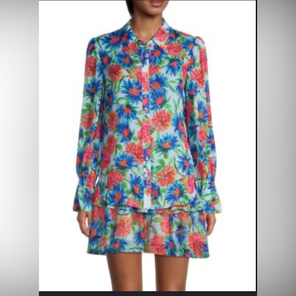 Milly Elysa Paint Chrysanthemum Button Down Blouse Cottagecore Romantic